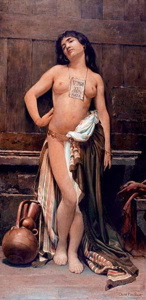 Oscar Pereira da Silva Roman Slave. Placard hung around neck reads oil painting image